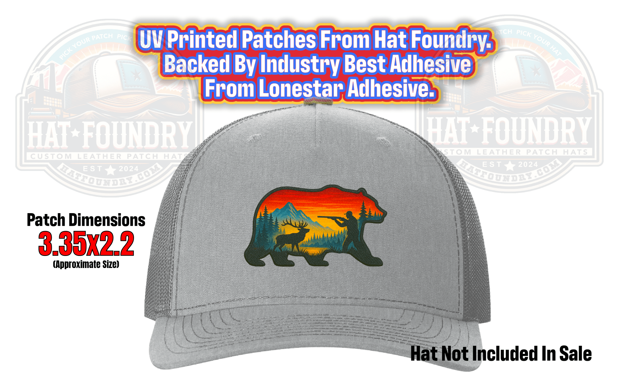 UV - Printed Elk Hunting Scene Patch – Bear Silhouette on Lonestar Leatherette with Durra - Bull Adhesive - Hat Foundry Mercantile