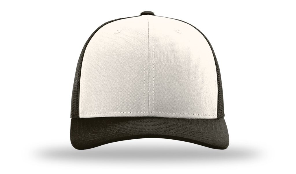 Cream and coffee trucker hat with an illustrative sample patch